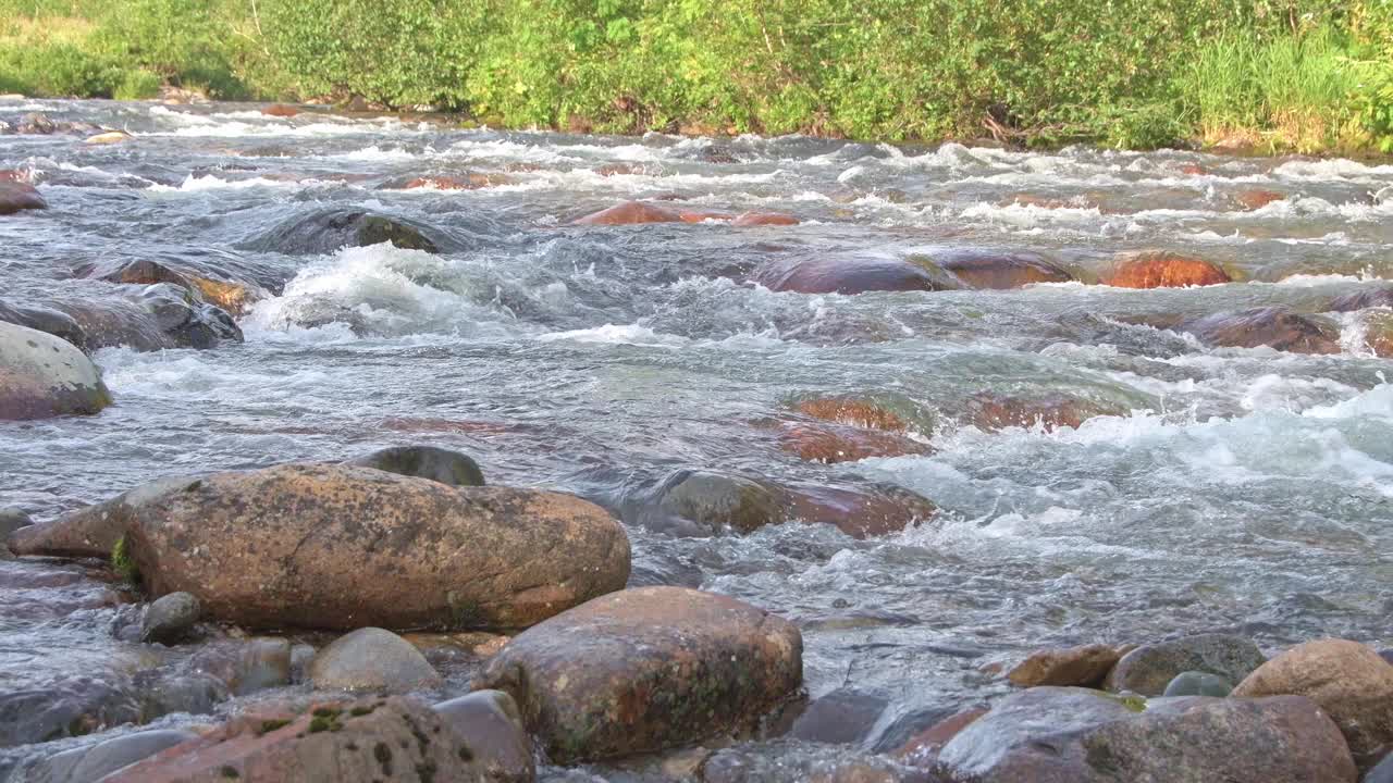 山间的河流流过红色的花岗岩。水与巨石碰撞，形成波浪，沸腾。小溪沿岩脊向下流动。对岸覆盖着绿色的灌木视频下载