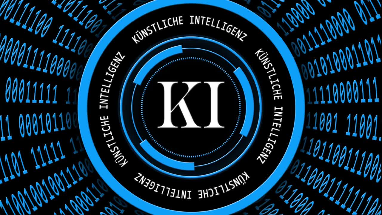 人工智能(在德语KI - Kuenstliche Intelligenz)背景速度的运动，不同的二进制代码排列成圆柱形视频下载