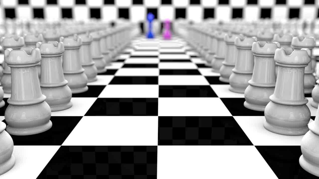 3D动画的游戏的王座的概念。皇家象棋宫。摄像机穿过棋子的走廊到达国王和王后。视频下载