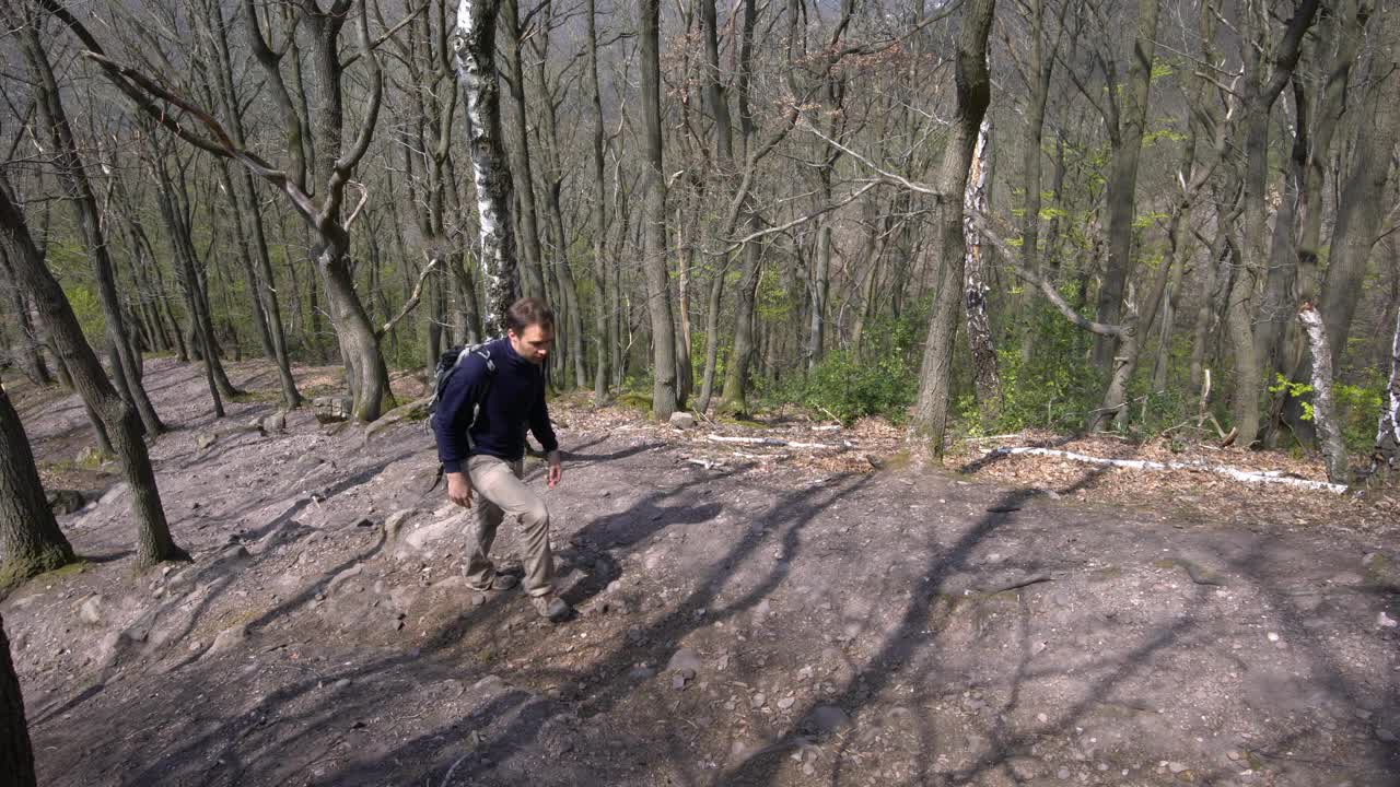 让徒步旅行者走在森林的小上坡路上视频素材