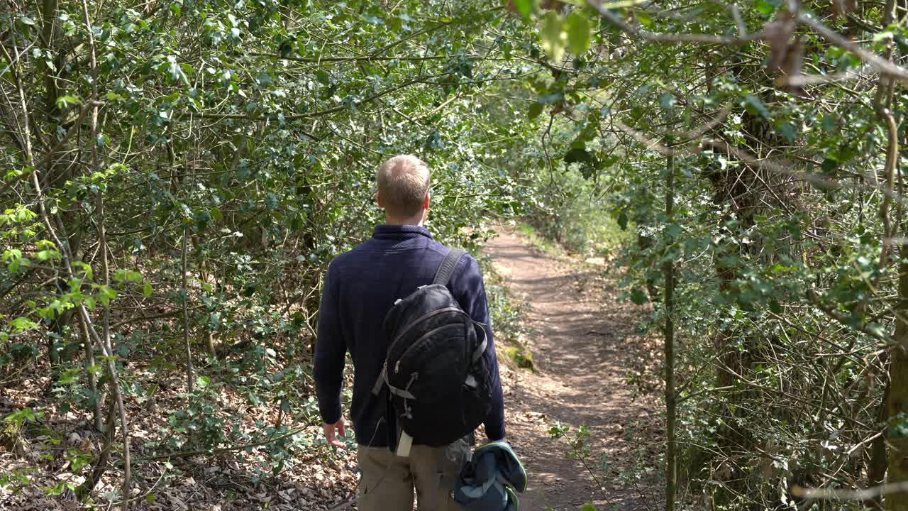 让徒步旅行者走在森林的小上坡路上视频下载