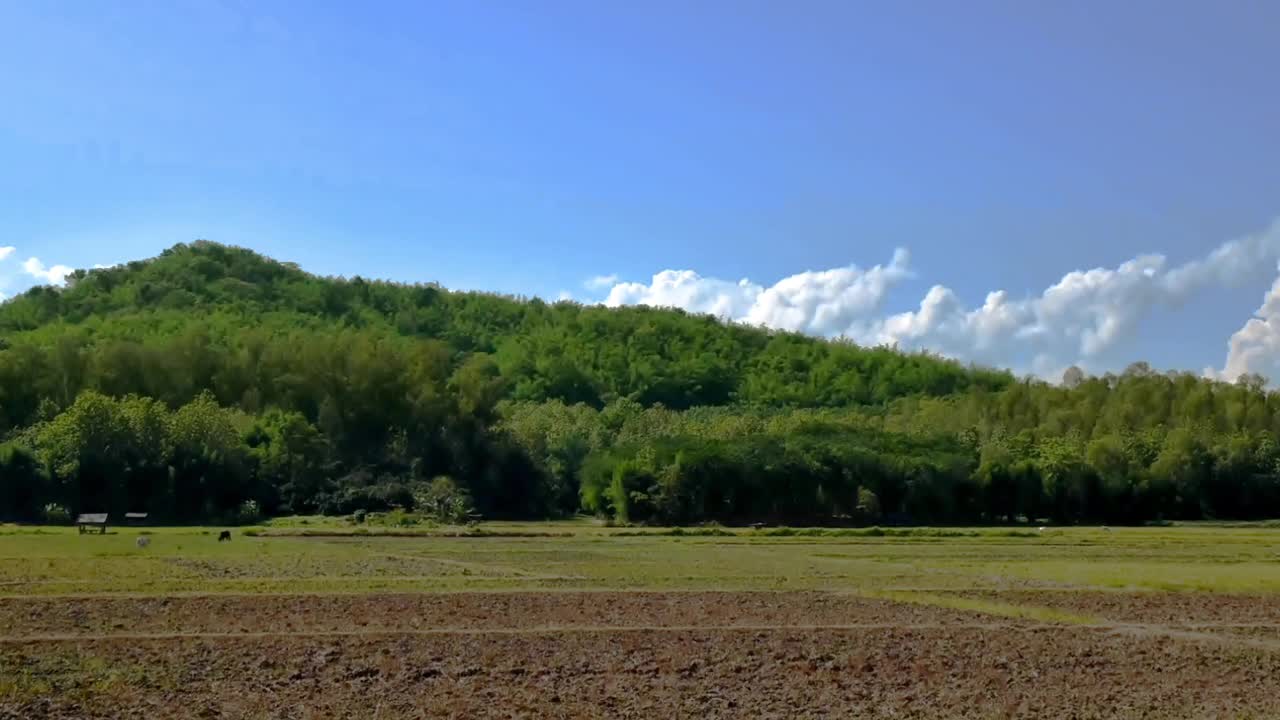 全高清时间流逝东南亚乡村景观。在山和农田后面移动的云视频下载