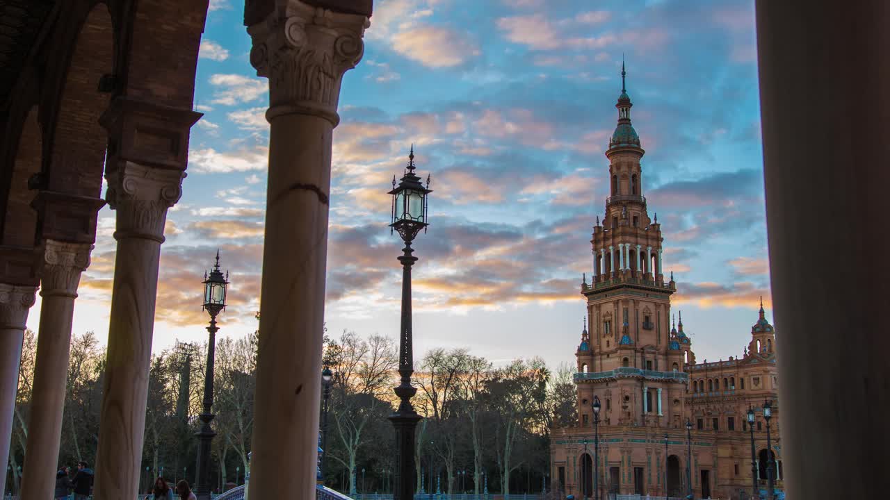 西班牙塞维利亚España广场的时光流逝。视频下载