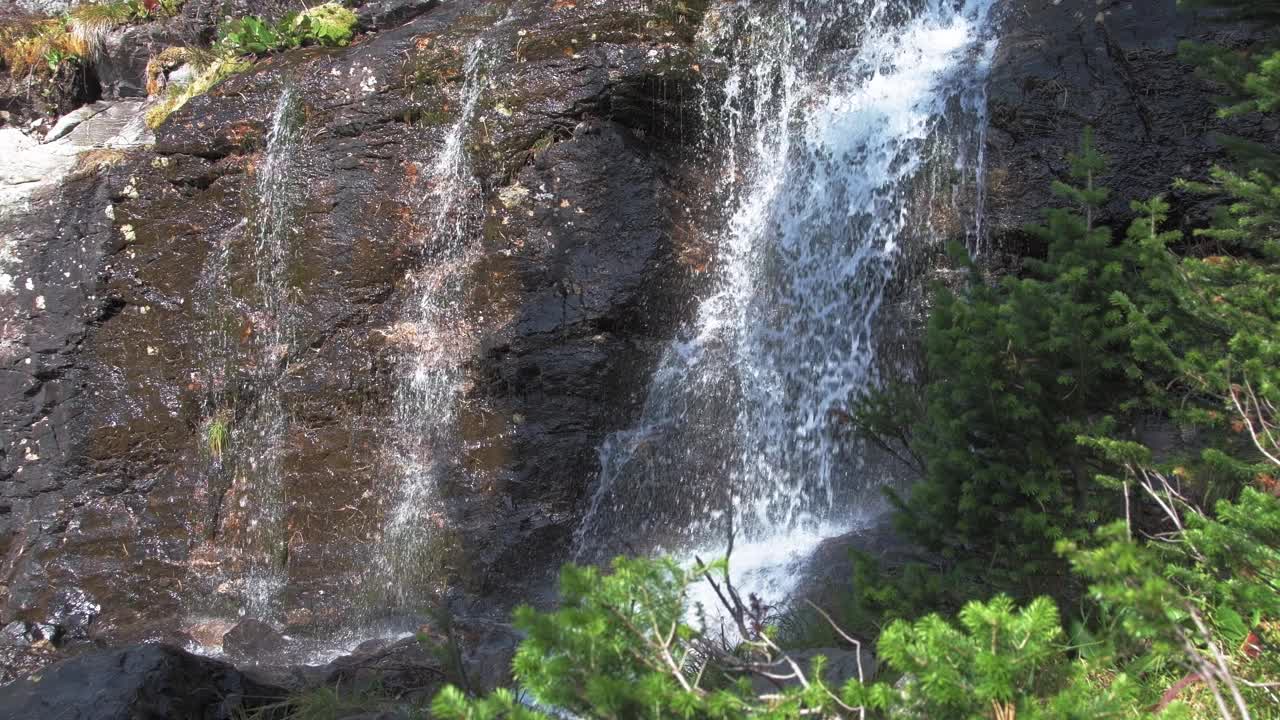 在阳光明媚的日子里，有瀑布和松树林。溪水从潮湿的花岗岩墙上流下，溅起水花，溅在岩石上视频下载