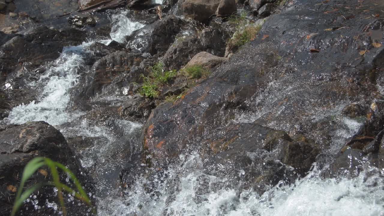 河水沿花岗岩壁倾泻而下。山谷中的瀑布。水在阳光下飞溅，闪闪发光。风激起草视频下载