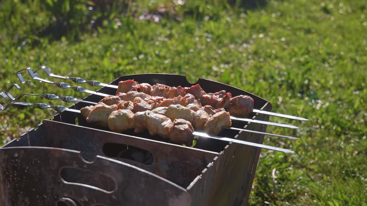 熏烤肉。在烤架上烧烤。夏季野餐。视频下载