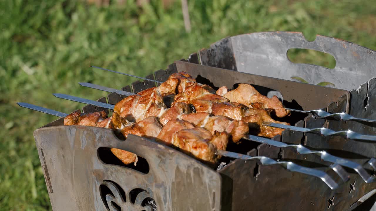 熏烤肉。在烤架上烧烤。夏季野餐。视频下载