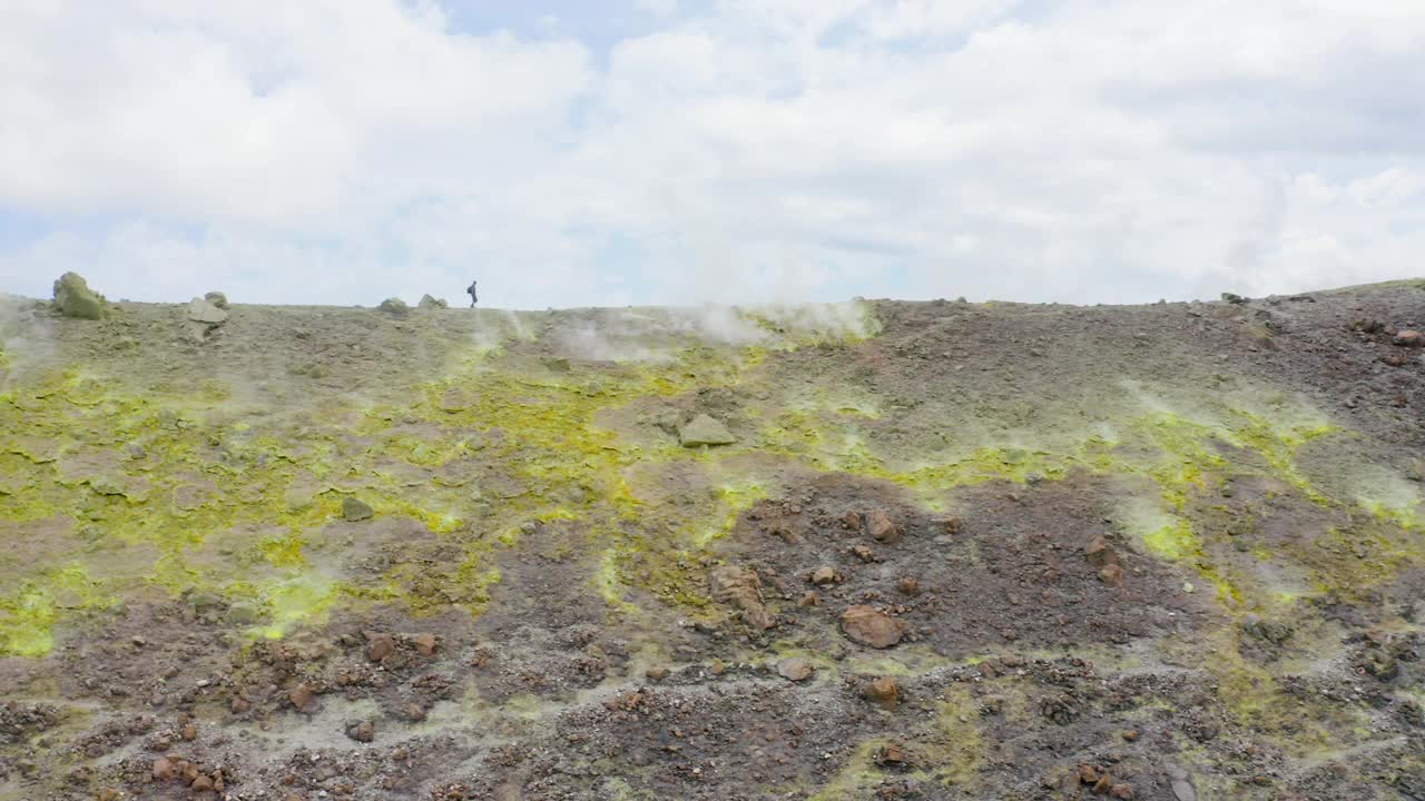 火山景观鸟瞰图彩色地形与硫磺烟雾。西西里岛的火山岛旅游目的地视频素材