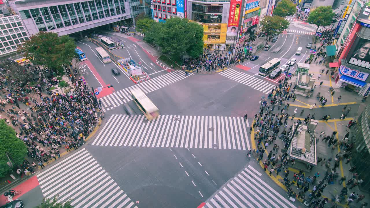 从空中看涉谷路口，许多行人和车辆在白天穿过日本东京的交叉路口。涉谷时尚购物娱乐理念视频下载