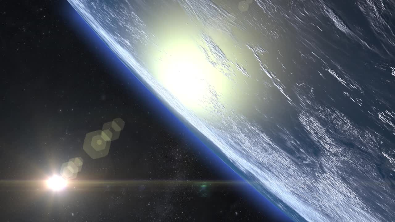 地球从太空。照相机飞离地球。星星闪烁。4 k。现实的气氛。云从太阳上投下阴影。飞越海洋。3 d动画。太阳在画框里。视频下载