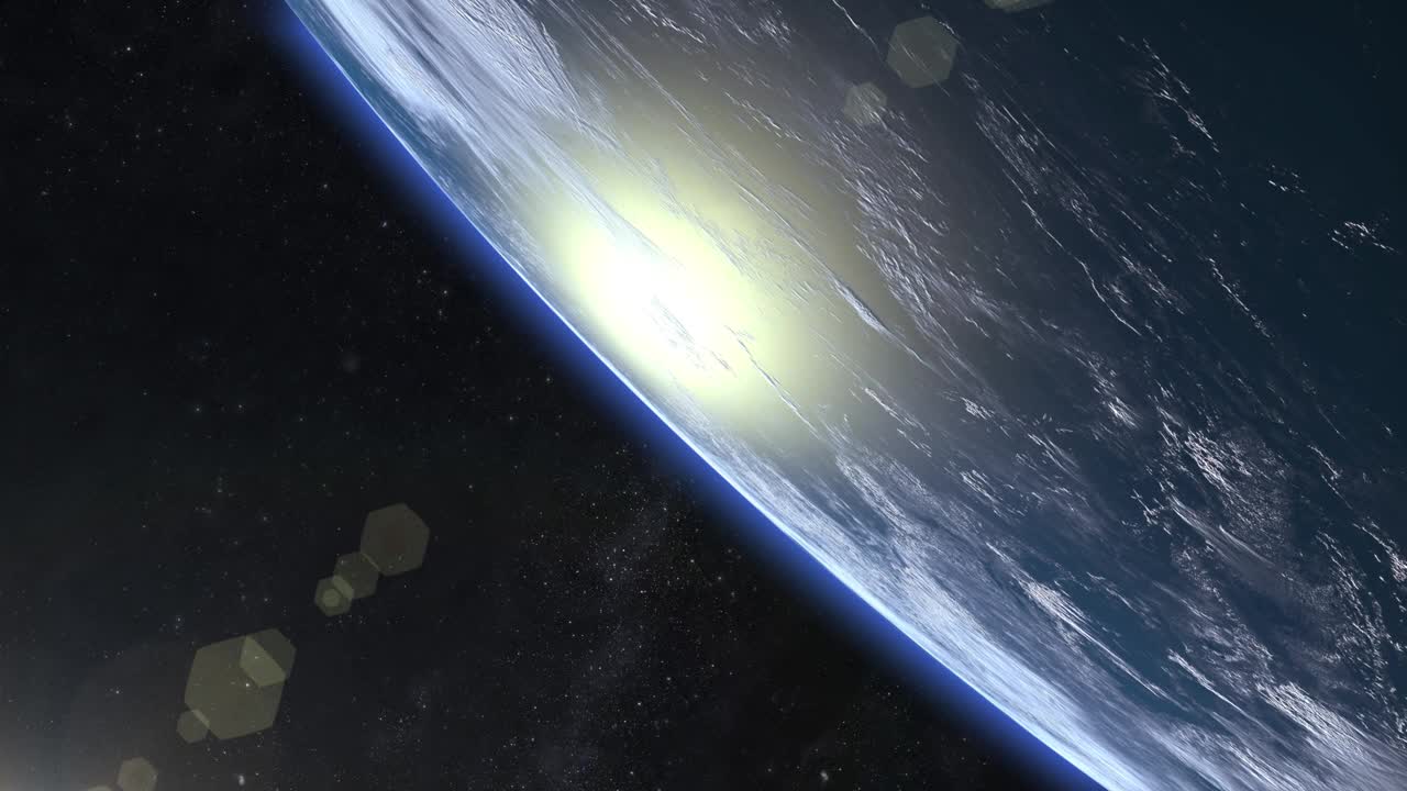 从太空看地球。照相机正在接近地球。星星闪烁。飞越地球，4K。现实的气氛。云从太阳上投下阴影。天空。画框里没有太阳。3 d动画。视频下载