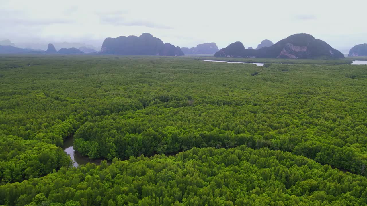 攀雅湾美丽的景色，从泰国攀雅省Samed Nang Chee攀雅湾河和山的红树林鸟瞰图。视频下载