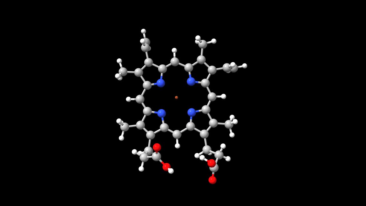 血红素B的动画3D球棍和空间填充模型视频素材