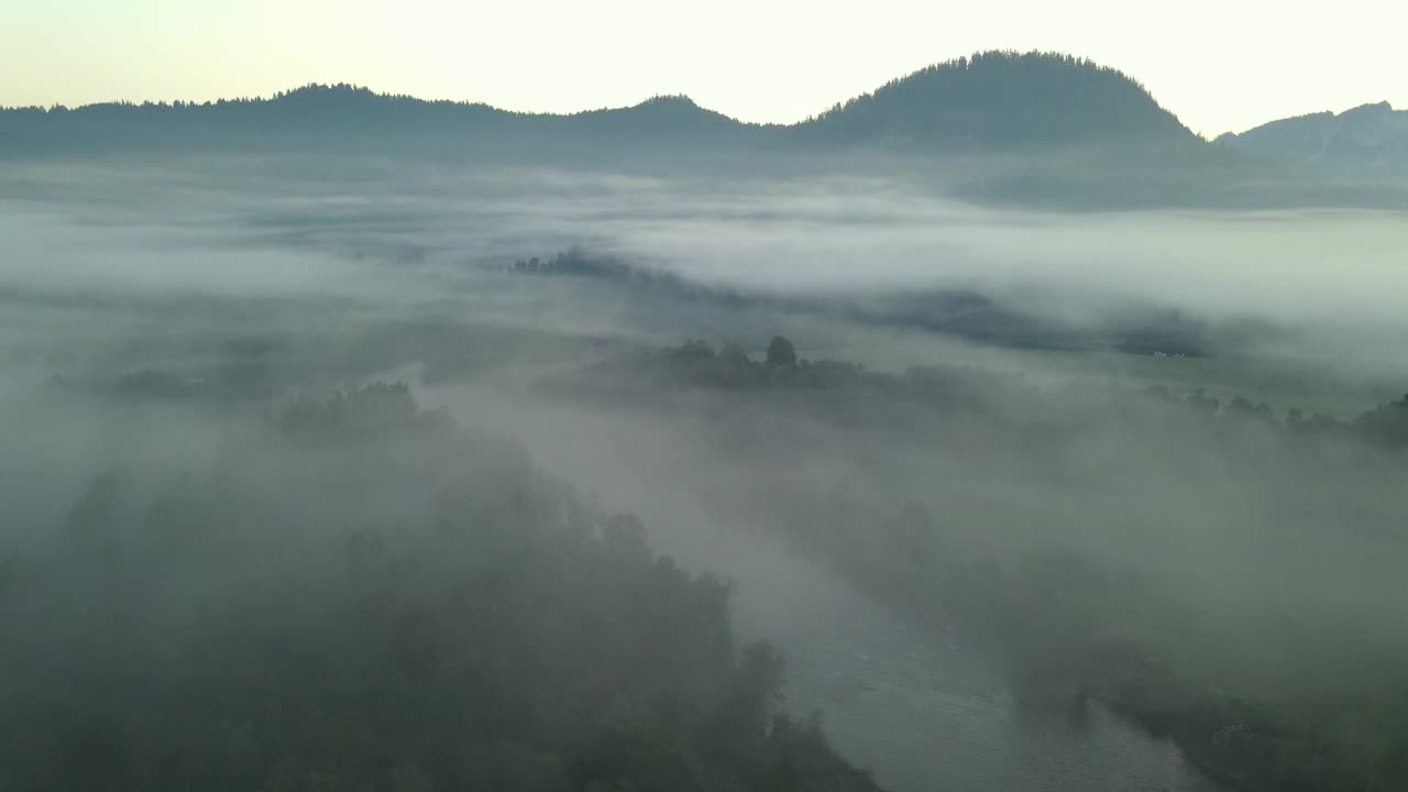 Pieniny山区的Dunajec河上晨雾蒙蒙。无人机实时飞行视频下载