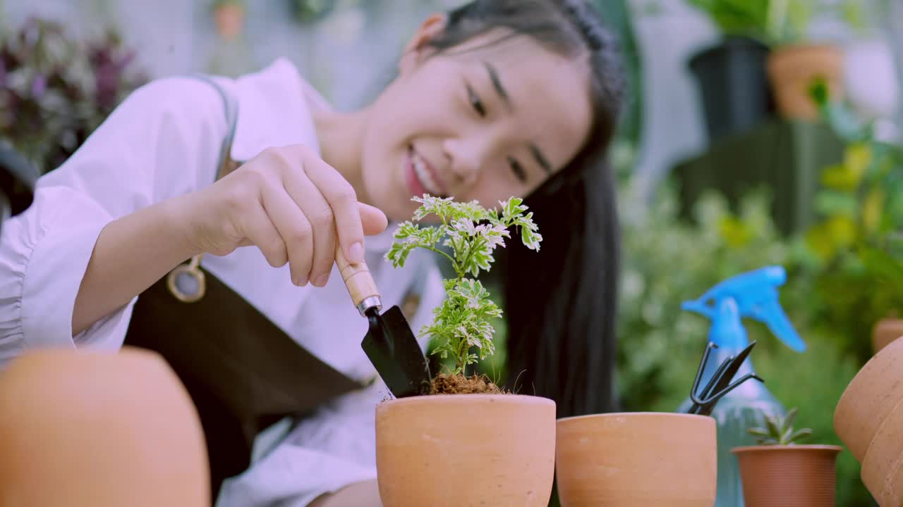 铲植物的女人视频素材