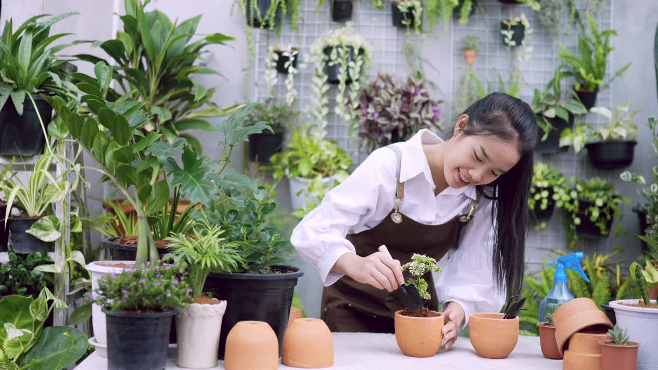 铲植物的女人视频素材