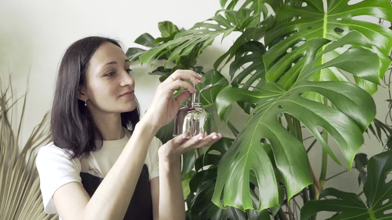 女人微笑着用喷壶里的清水浇灌植物视频素材