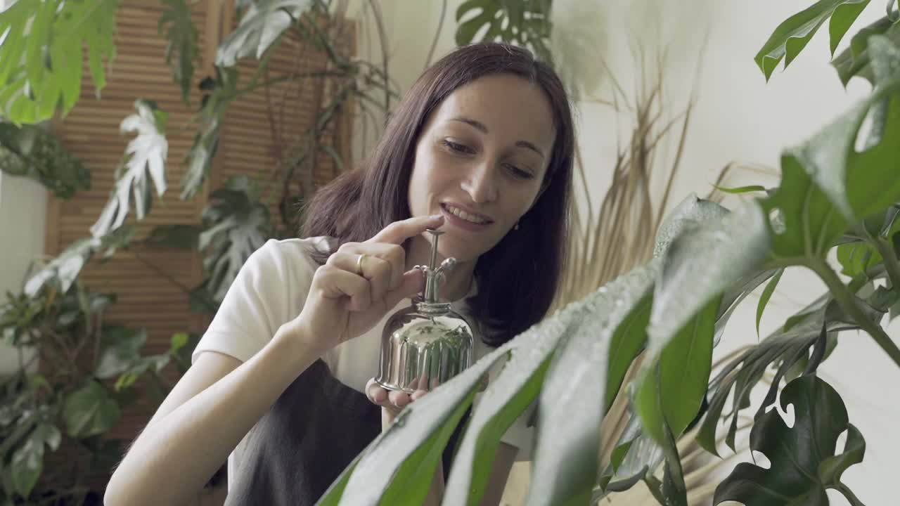 女人微笑着用喷壶里的清水浇灌植物视频素材