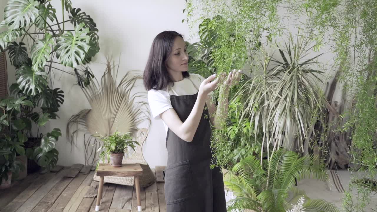 美丽的女人园丁摆姿势与绿色植物，而站在房子房间视频素材