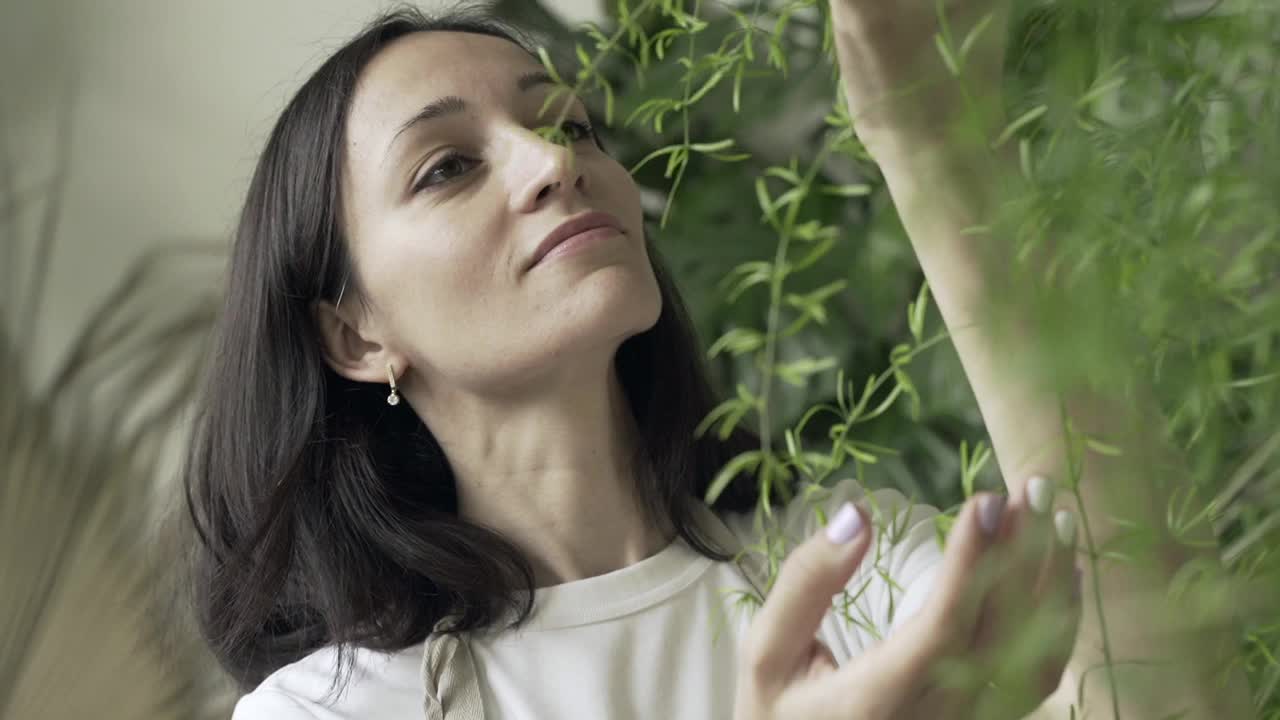 美丽的女人园丁摆姿势与绿色植物，而站在房子房间视频素材