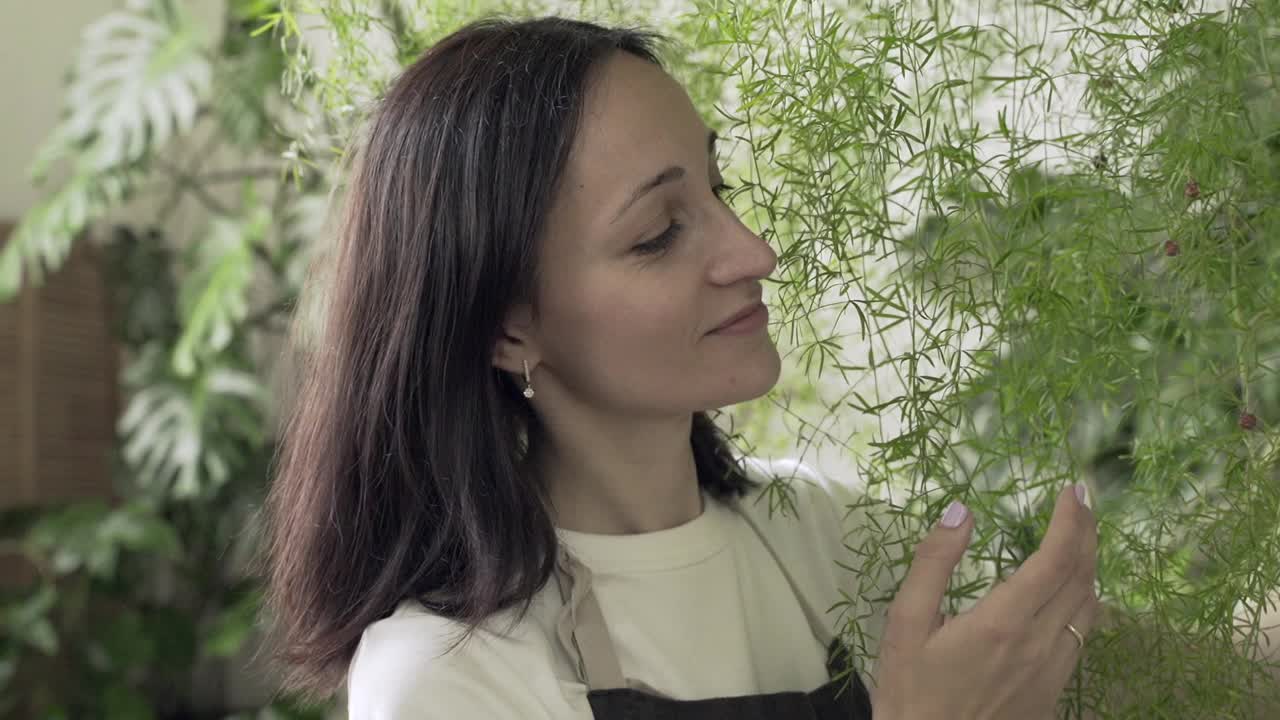 美丽的女人园丁摆姿势与绿色植物，而站在房子房间视频素材