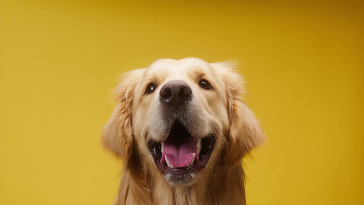 金色的寻回犬在黄色的背景上吠叫，金色的拉布拉多犬张开嘴呼吸，靠近时伸出舌头。在摄影棚拍摄家养宠物视频素材