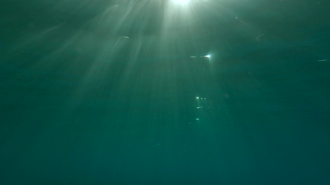 水面与波浪上的日落(水下拍摄)。自然背景与阳光在水面上闪烁。海面反射阳光的纹理。背光(Contre-jour)视频素材