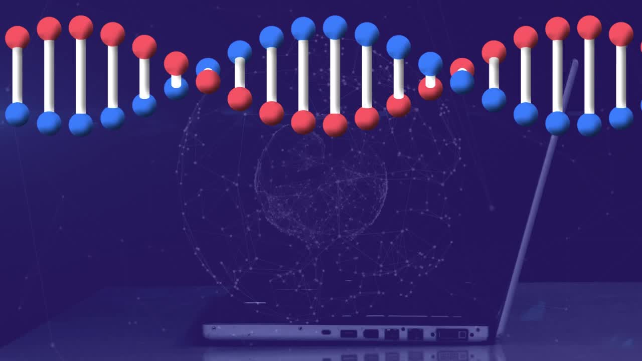 dna链动画和连接网络的人使用笔记本电脑视频素材