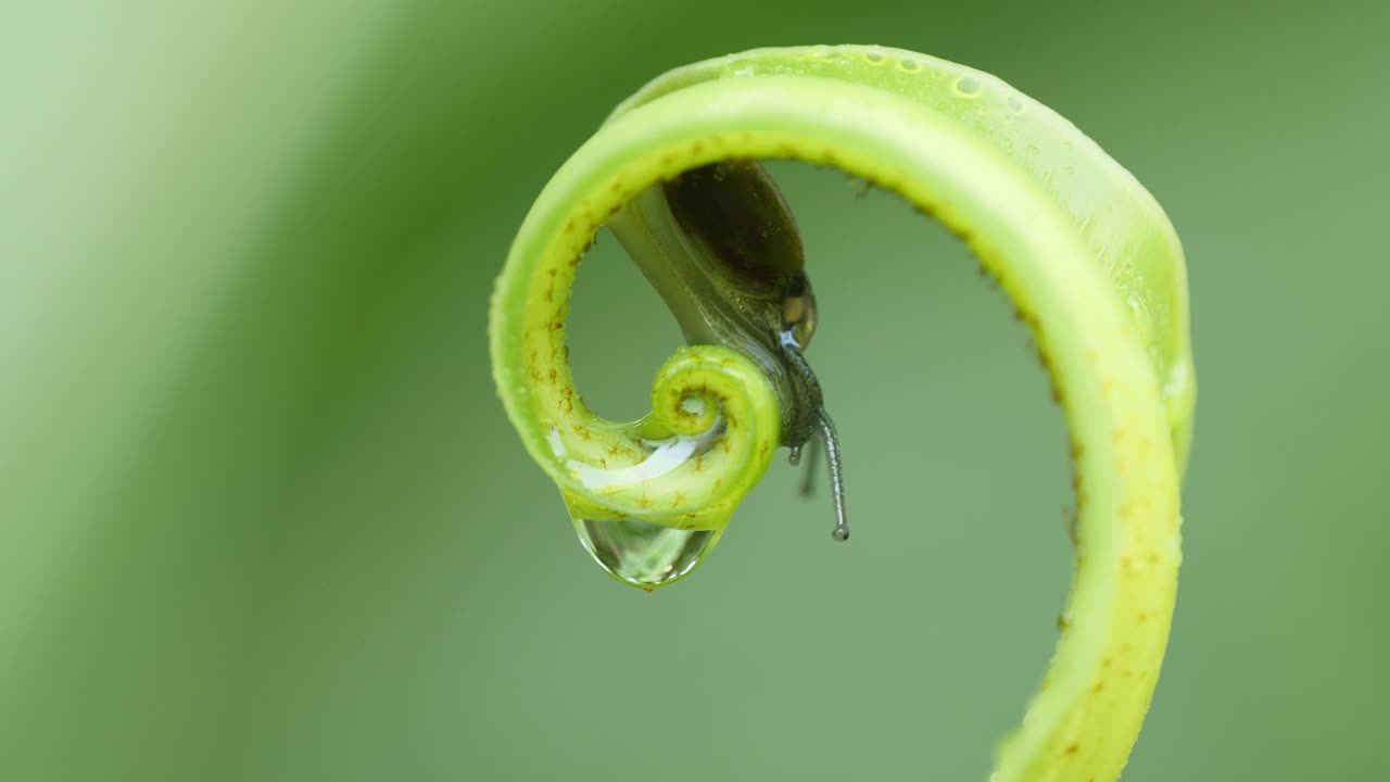 蜗牛在有水滴的蕨类叶子上行走。视频素材