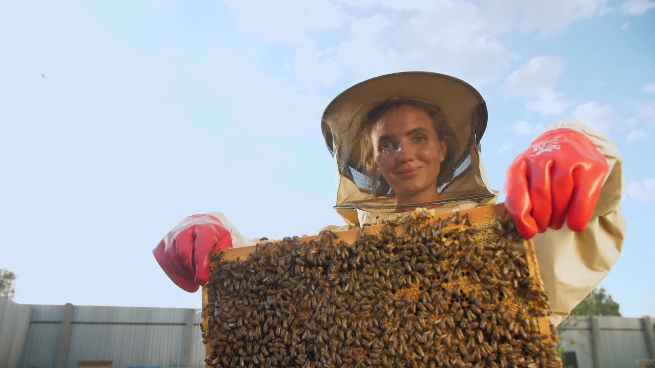 一个穿着防护服的女养蜂人拿着一个装着蜂巢蜂蜜的架子视频下载