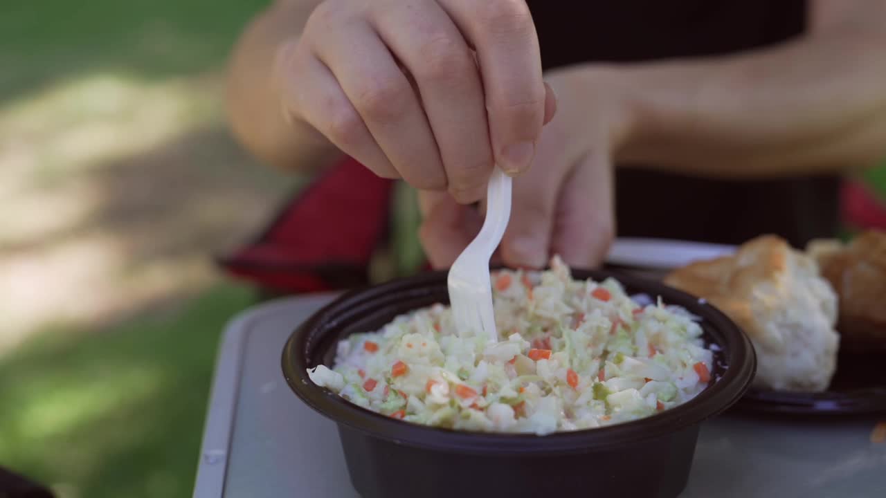 野餐近手端上凉拌卷心菜视频素材