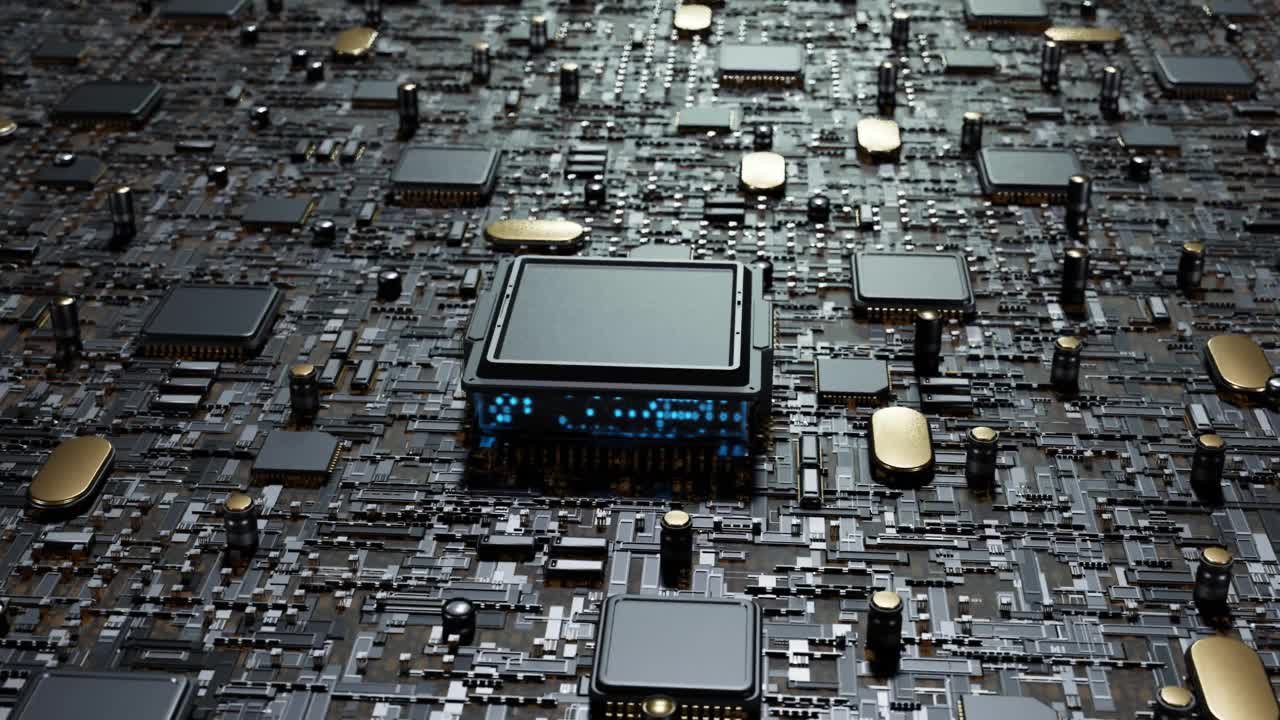 未来主义的CPU处理器蓝色光主板电路板3D渲染视频素材