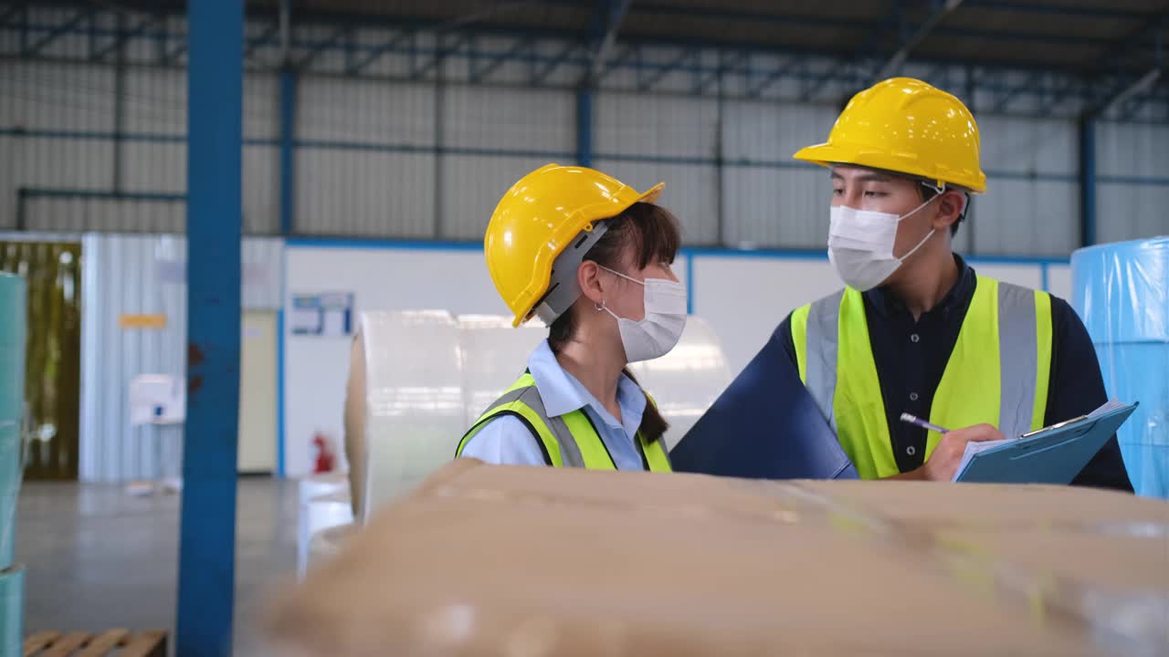 仓库工人男女在工作场所检查产品，并一起为客户讨论数量和质量视频素材