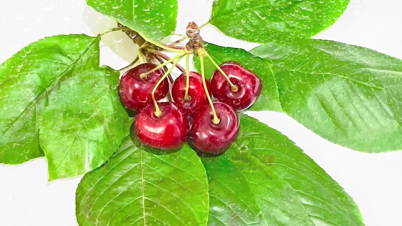 靠近红色的樱桃与绿色的叶子在whşte背景AD雨滴。视频素材