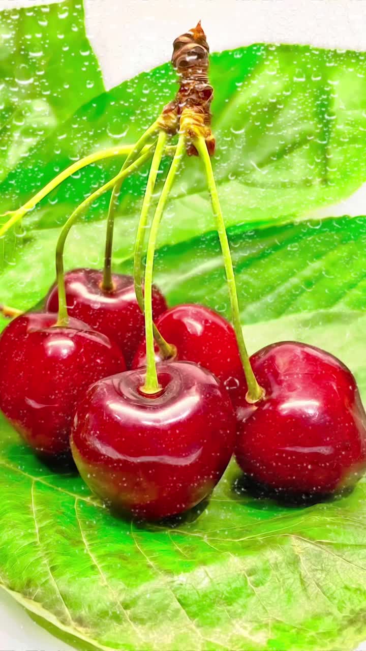 靠近红色的樱桃与绿色的叶子在whşte背景AD雨滴。视频素材