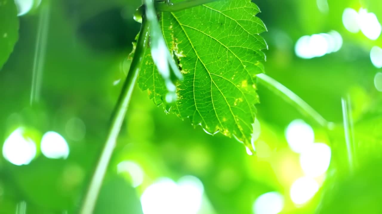 雨滴从葡萄叶子滴下，特写，模糊的叶子在背景视频下载