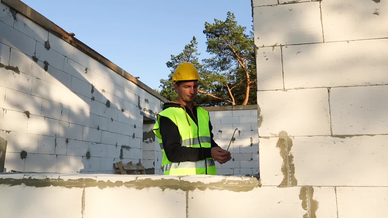 建筑工地的建筑工人用卷尺测量开窗和墙面的长度。小屋由加气混凝土块、防护服——安全帽和背心组成视频素材