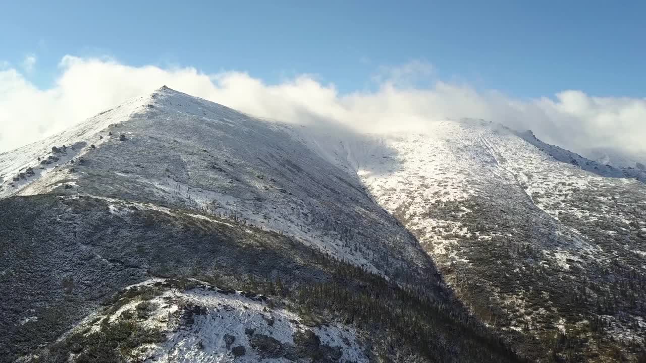 鸟瞰图雄伟的山脉覆盖着绿色云杉森林和高雪峰。视频素材