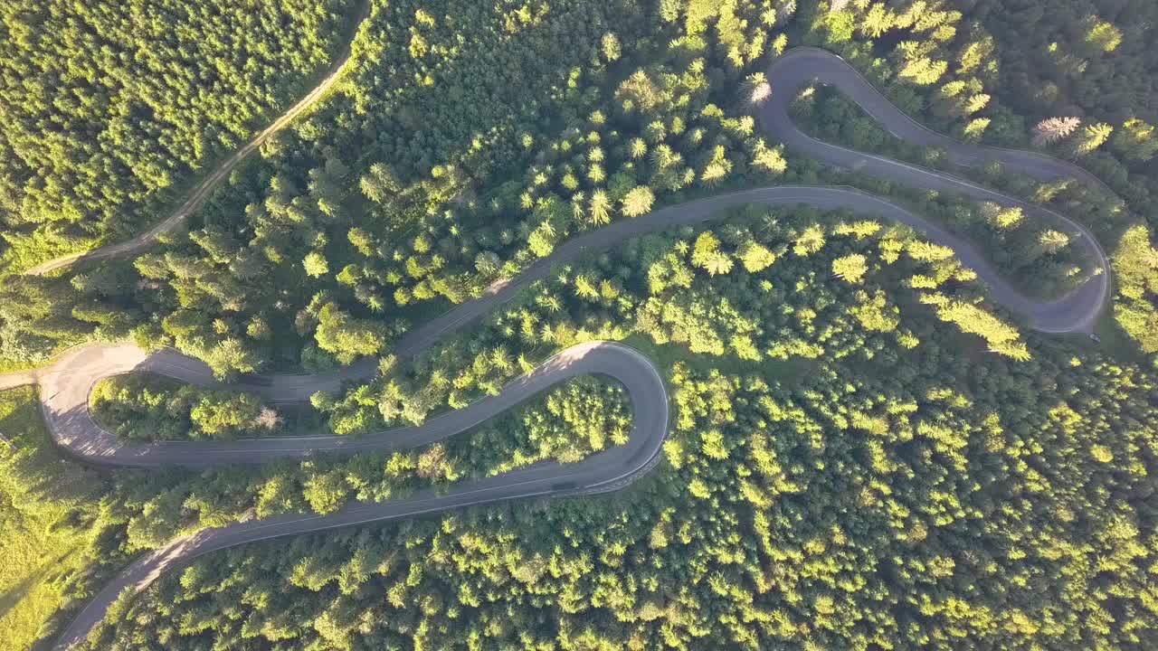 鸟瞰图蜿蜒的道路与割草汽车和卡车在高山口槽密林。视频素材