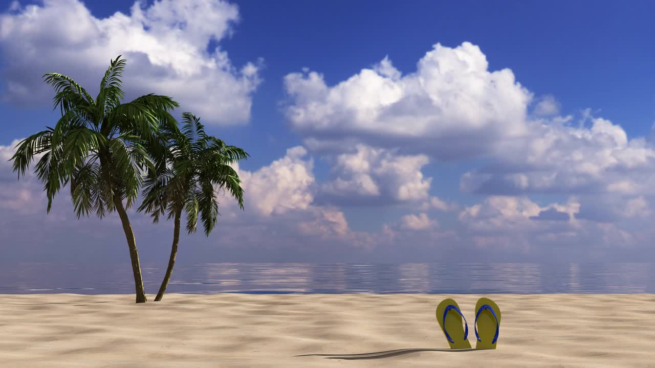 3D动画广告在海边的棕榈树间度假。视频素材