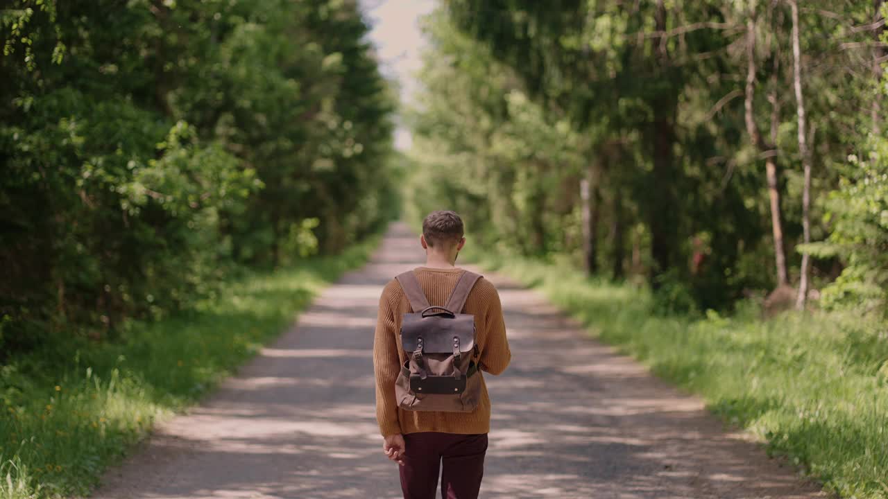 慢镜头:一个年轻人在秋天的森林里徒步旅行。一个背着背包的活跃健康的白种男人在偷木头。男游客与徒步森林后视图，休闲，生物旅游，徒步旅行视频素材