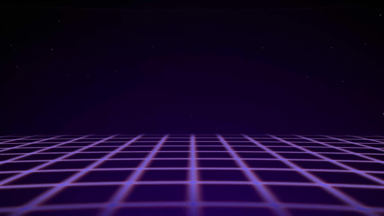 Synthwave线框网80文本开始。复古未来主义背景。3d插图渲染无缝循环。4 k视频素材