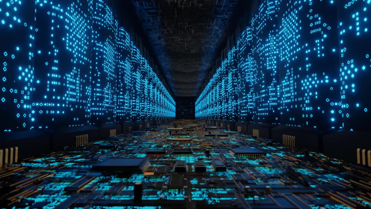 未来的外星人超级计算机连接网络数据中心3d渲染视频素材
