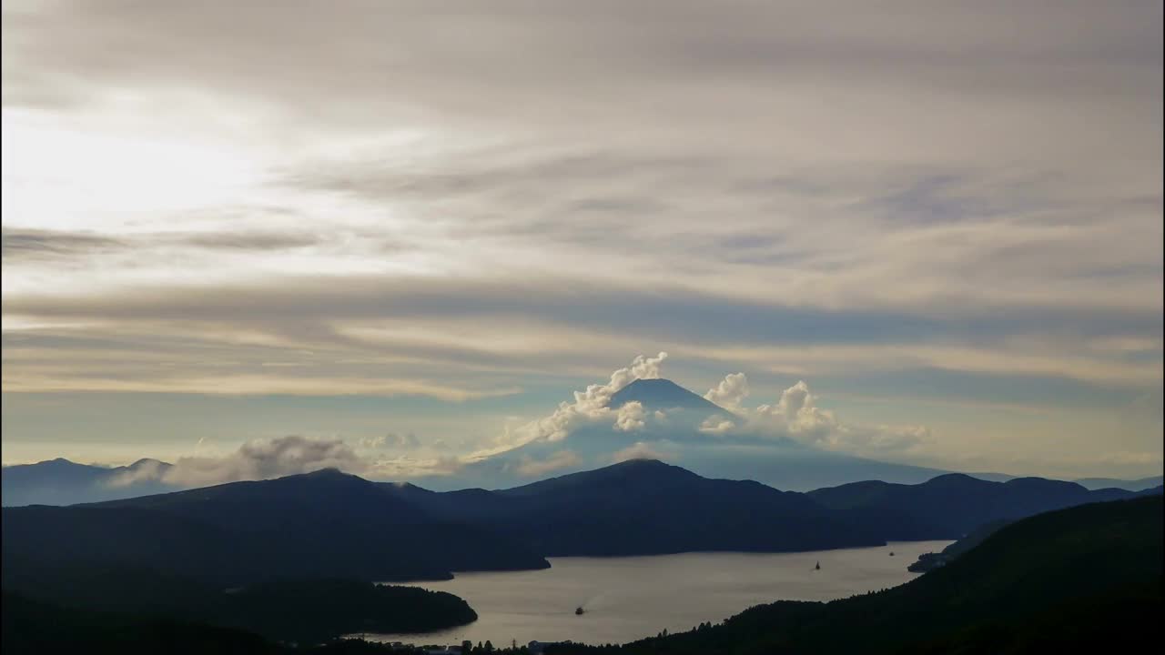 在夏天从箱根的Daikanzan山上富士山日落的延时视频视频素材