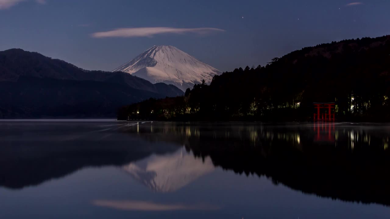 富士山的延时视频和星空反射在湖面上从湖的Ashinoko视频素材