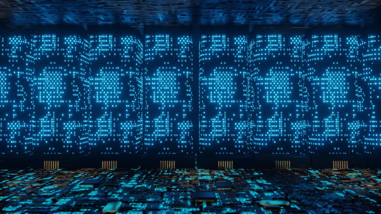 未来的外星人超级计算机连接网络数据中心3d渲染视频素材