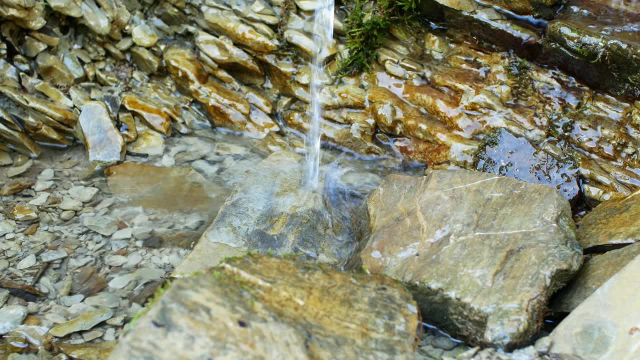 森林里的天然溪流，清澈的山水顺着森林里的岩石平原流淌下来。森林里的小溪。视频素材