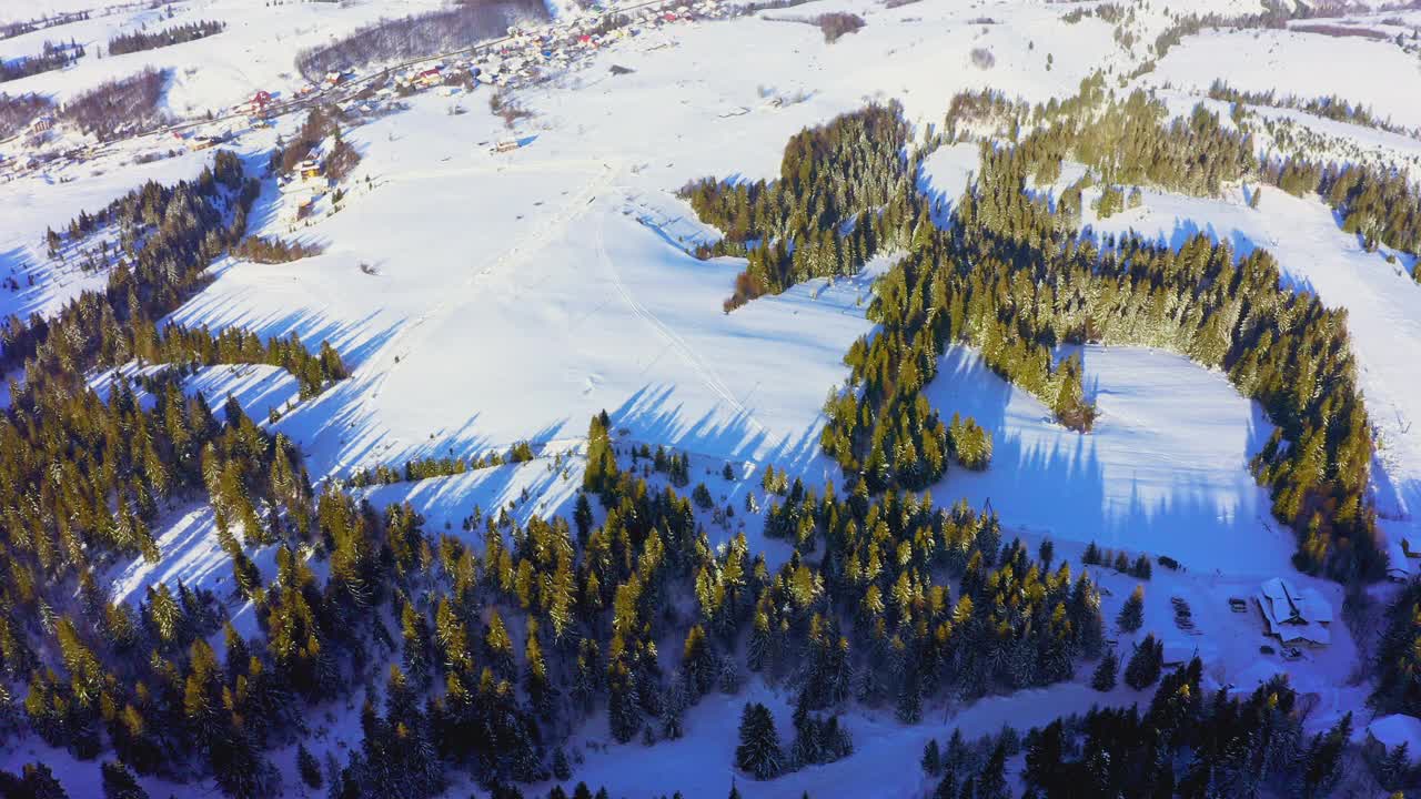 山坡上覆盖着茂密的圣诞树和雪白的雪，有一个滑雪的地方视频素材