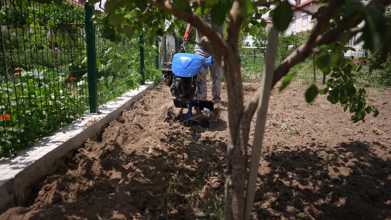 在蔬菜植物周围用除草机除草的农民。视频素材