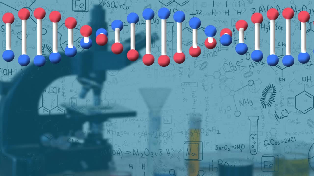 Dna结构在显微镜下旋转，化学结构在白色背景下视频素材